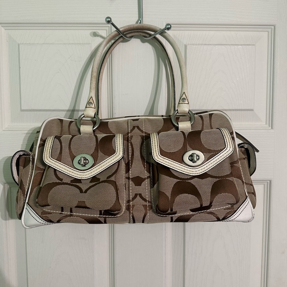 Coach Brown and Cream Satchel with Signature Monogram